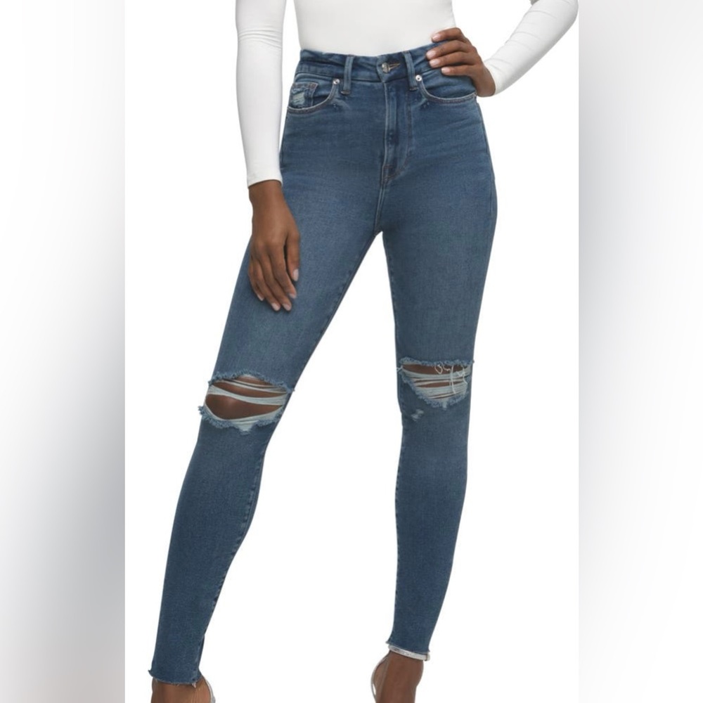 Good American | Good Waist Crop Raw Edge Distressed Jeans in Blue (US 14)